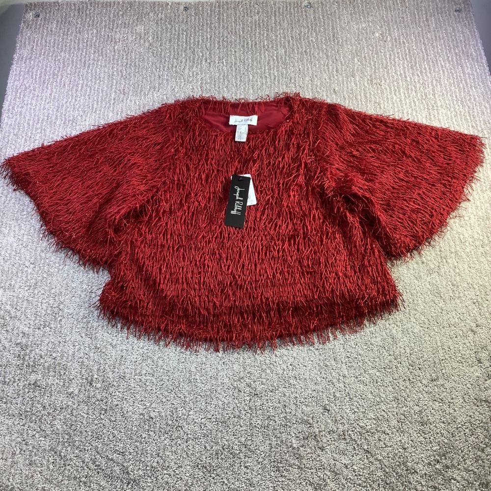 Joseph Ribkoff Red Fringe Short Sleeve Shimmer Top Womens Size 4 NWT